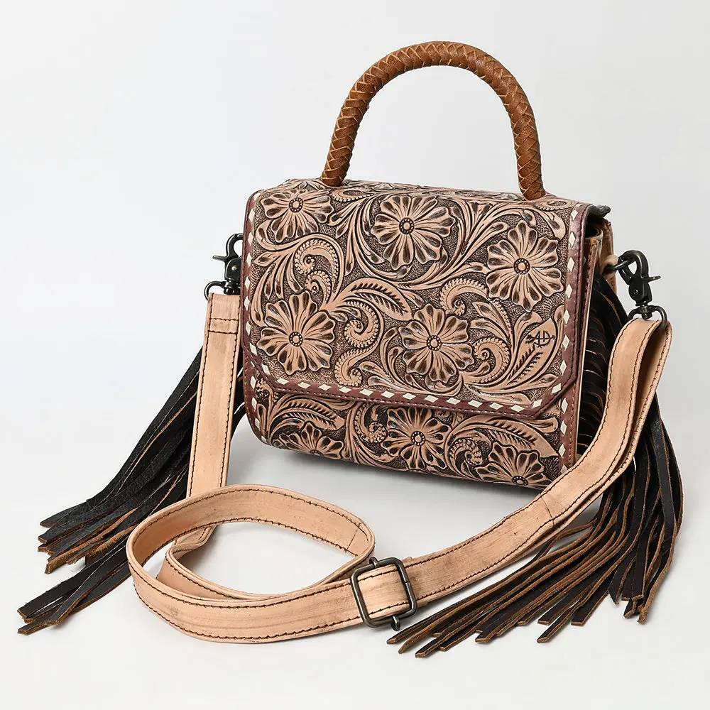 American Darling Hand-Tooled Genuine Leather Messenger Bag With Floral Carving Fringe Buck-Stitching & Crossbody Strap 1