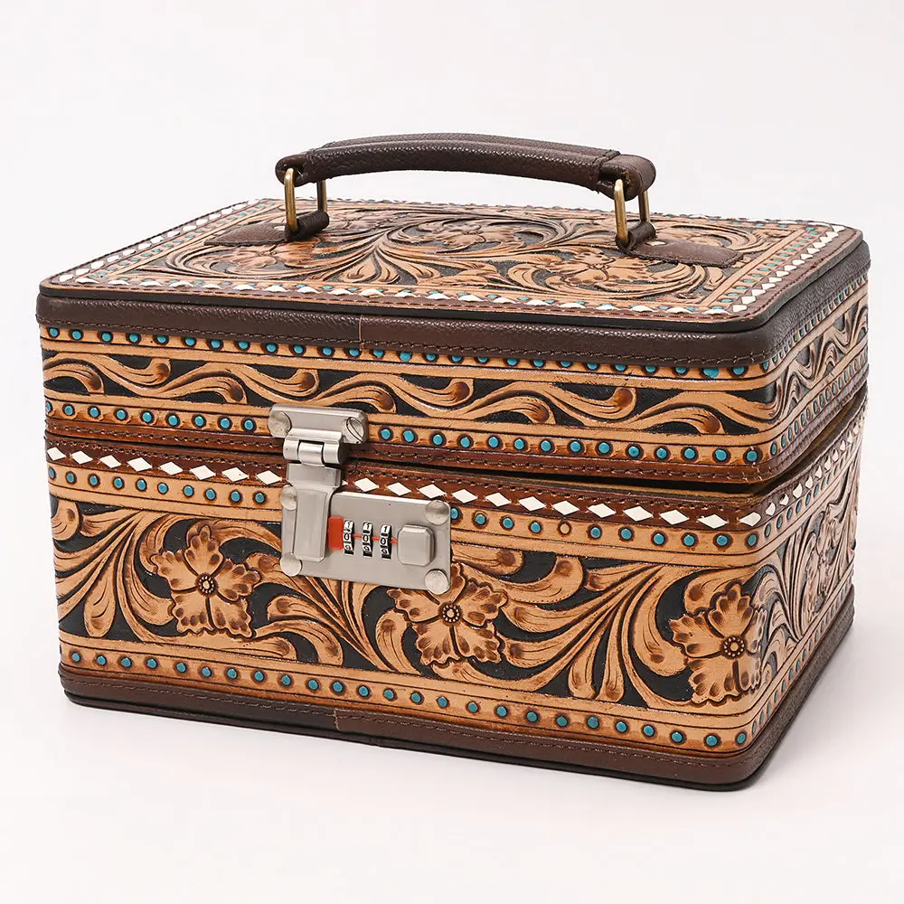 American Darling Hand Tooled Floral Carved Vegetable-Tanned Genuine Leather Jewelry Case With Buck Stitched 1