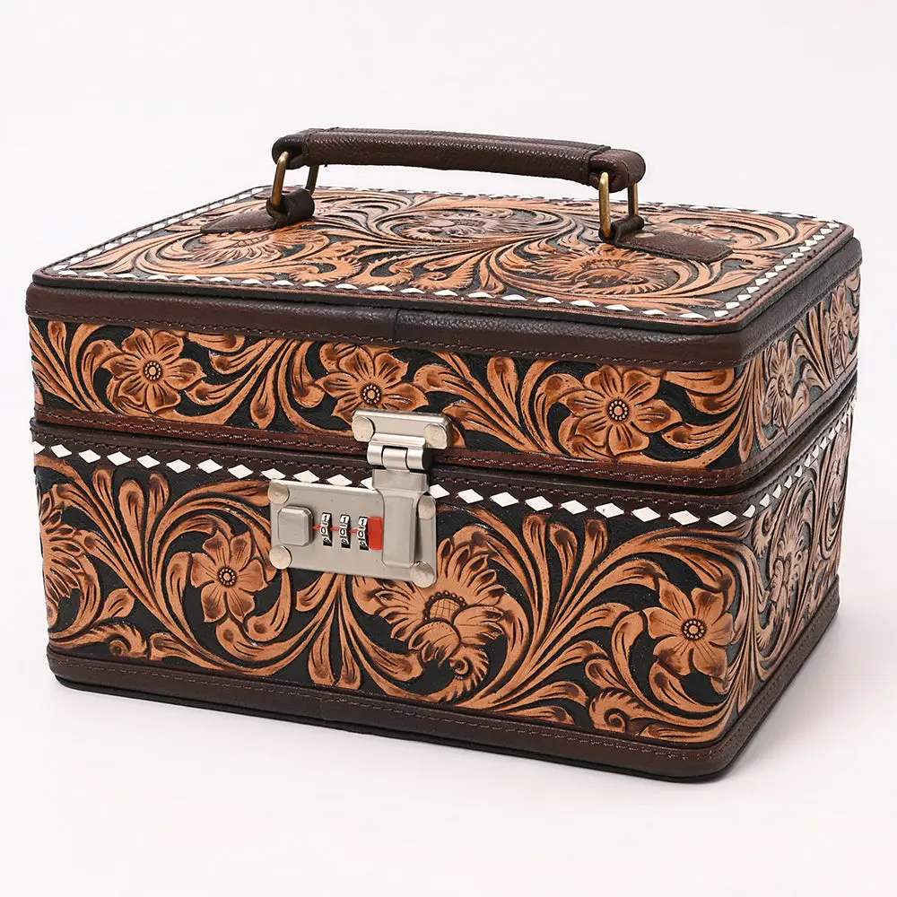 American Darling Hand Tooled Floral Carved Vegetable-Tanned Full Grain Genuine Leather Jewelry Case With Ykk Zipper 1
