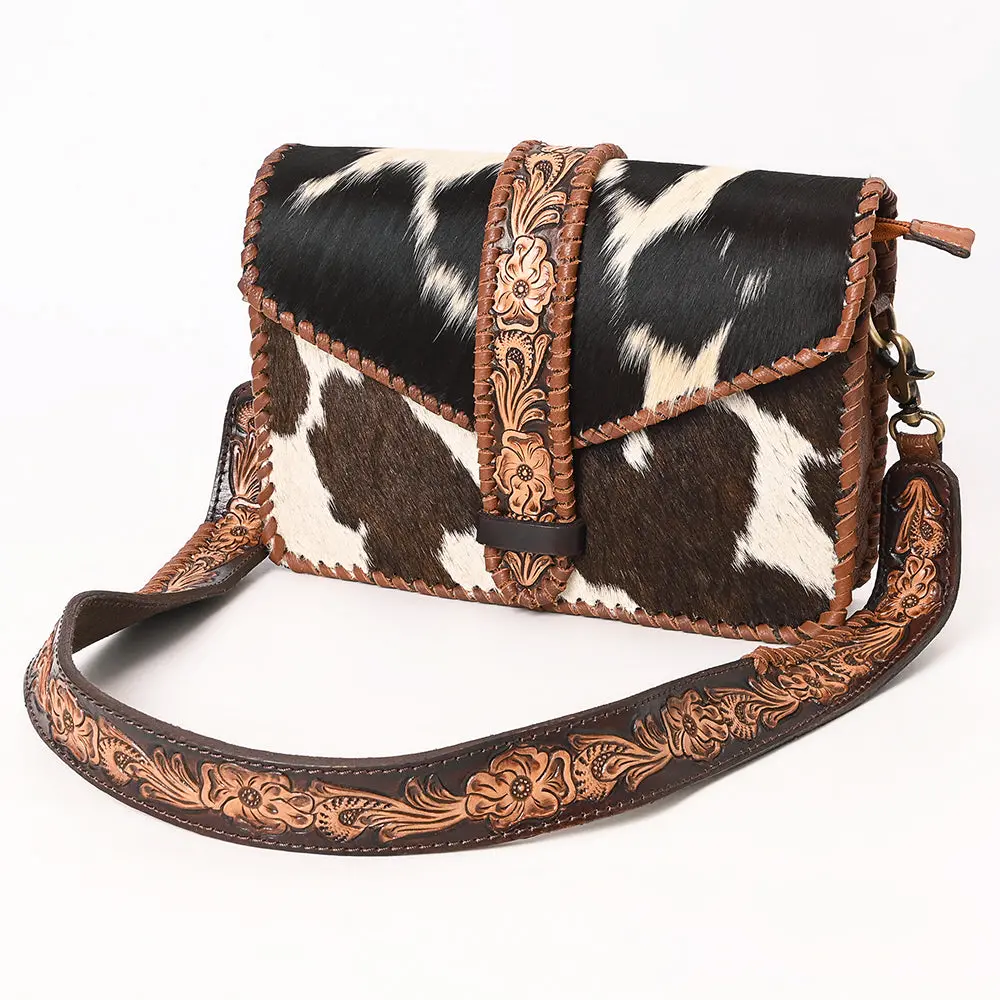 American Darling Hand Tooled Floral Carved Vegetable-Tanned Genuine Leather Small Cross Body Bag With Hair-On Cowhide & Ykk Zipper 1