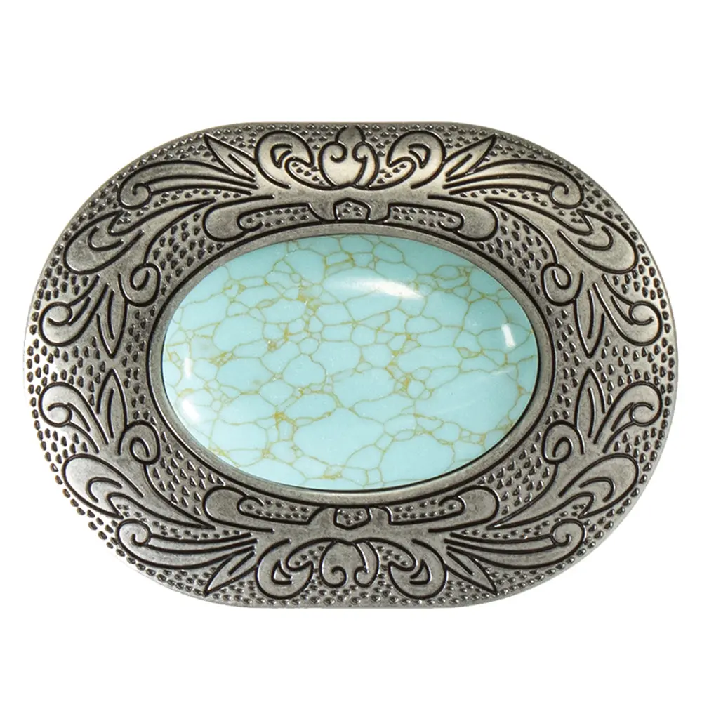 3-3/4 X 2-3/4 Blazin Roxx Oval Buckle Turquoise Stone Engraved Scrolling Antique Silver Finish 1