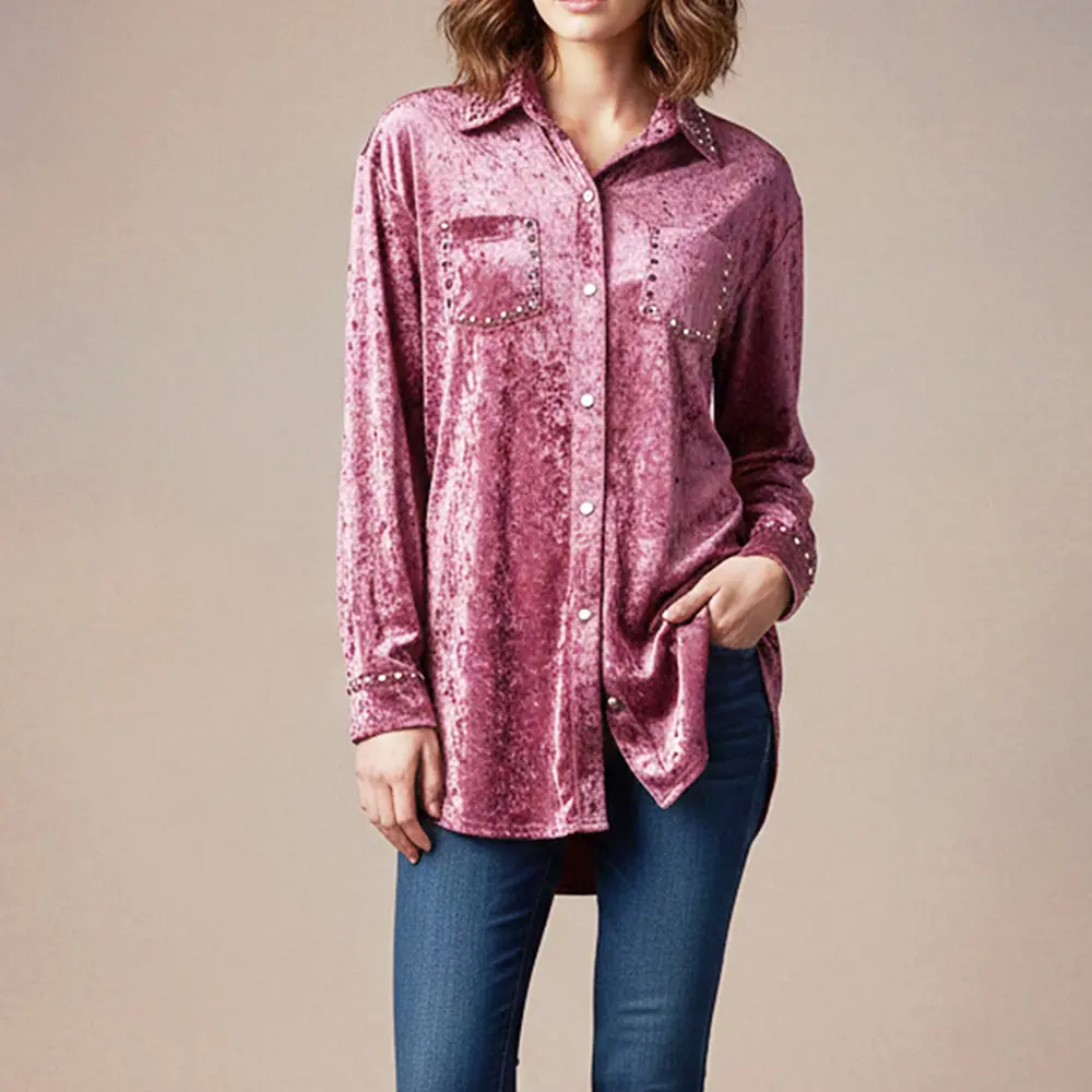 American Darling Women’S Velvet Western Shirt – Studded Button-Down Top, Nyfw Designer Collection 1