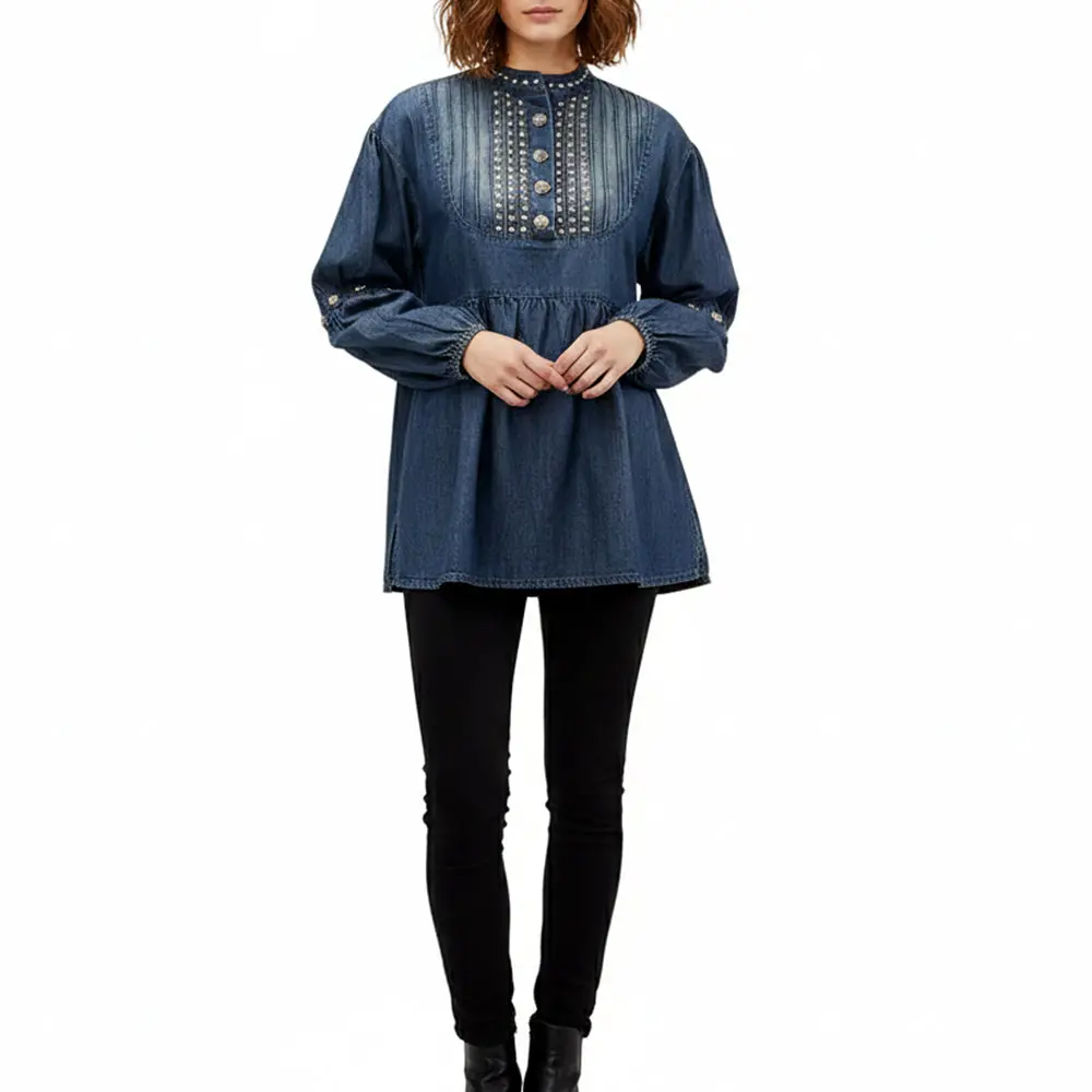 American Darling Women’S Vintage Denim Tunic Top – Studded Western Shirt, Antique Rivet Detail 1