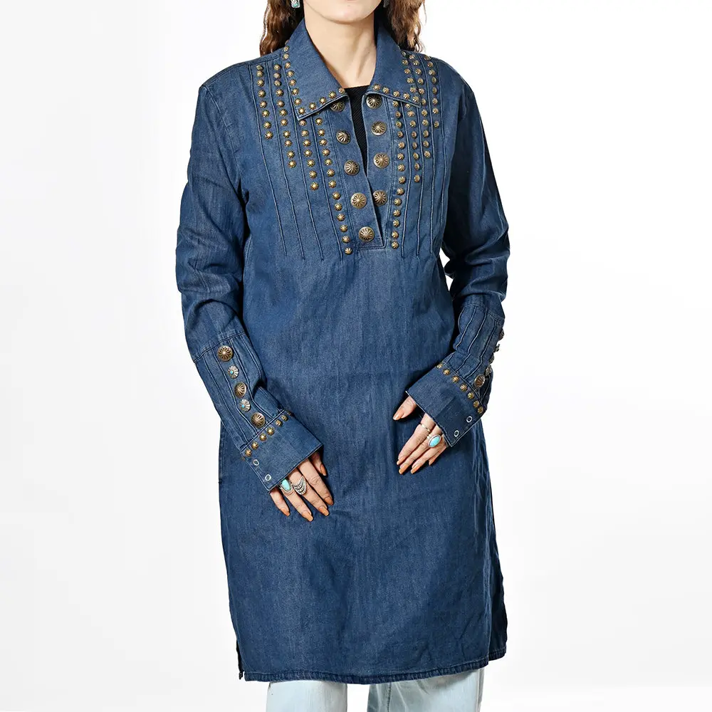 American Darling Women’S Vintage Denim Western Dress – Studded Tunic With Antique Rivets, Premium Cotton 1