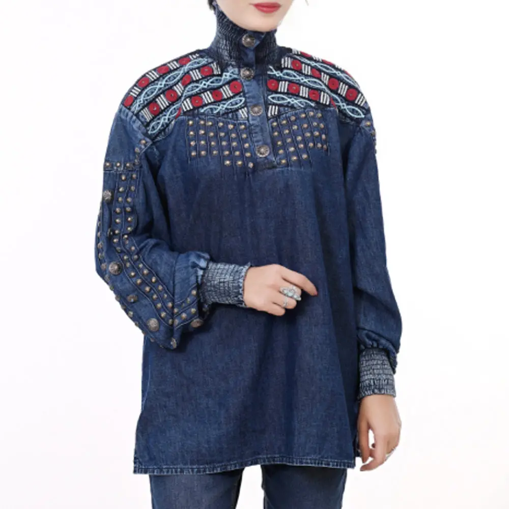 American Darling 100% Cotton Denim Women's Shirt Jacket Dress Ladies Girl Top Red| 1