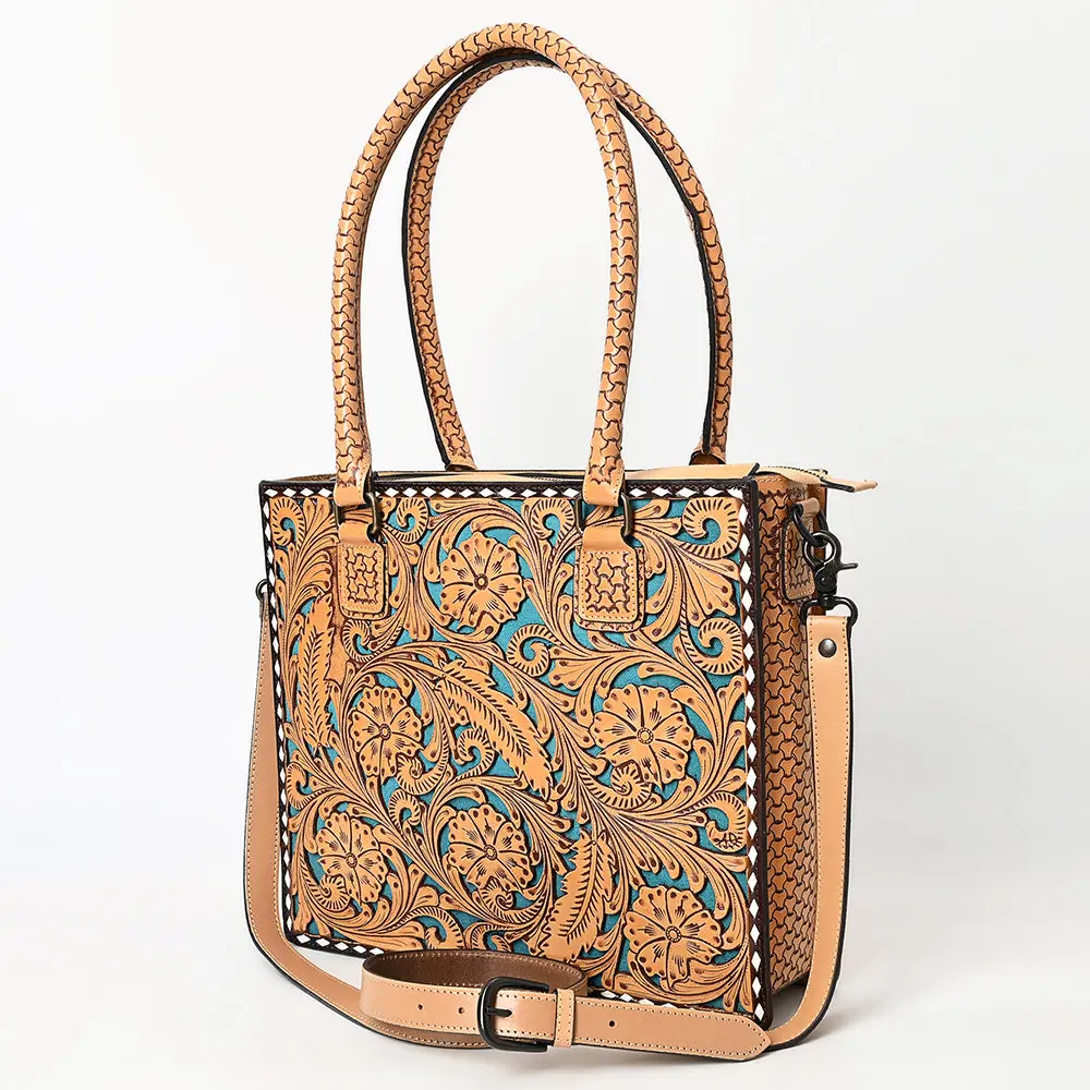 American Darling Hand Tooled Leather Tote Bag Turquoise Painted Floral Full Grain 1