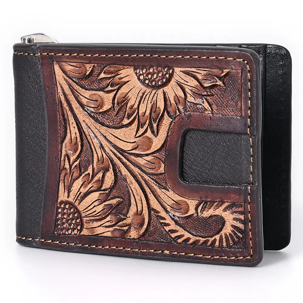 Bar H Equine Genuine Leather Rodeo Bifold Money Clip Wallet For Men Women Brown With Floral Hand Carved Tooled 1