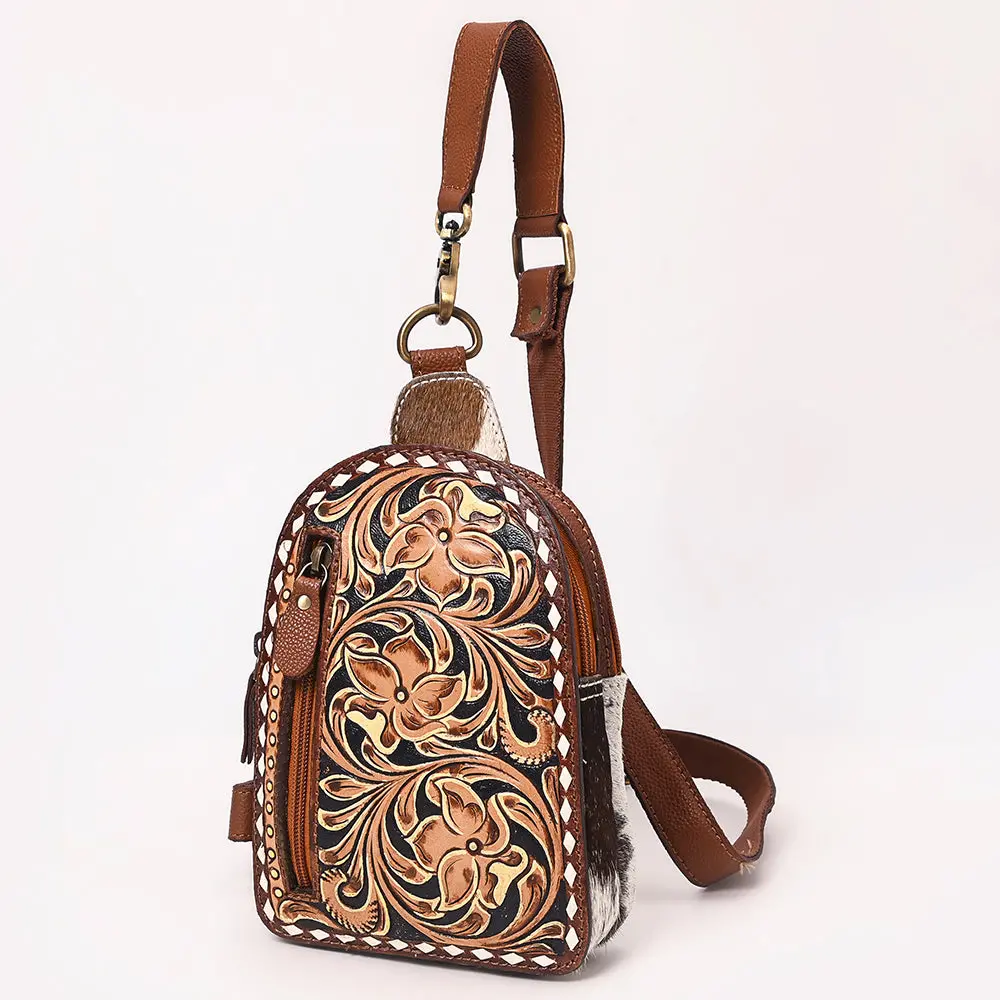 American Darling Hand Tooled Floral Carved Vegetable-Tanned Genuine Leather Sling Bag With Hair-On Cowhide & Ykk Zipper 1