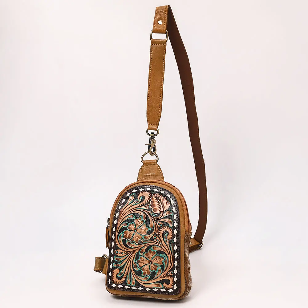 American Darling Hand Tooled Floral Carved Vegetable-Tanned Genuine Leather Sling Bag With Hair-On Cowhide & Ykk Zipper 1