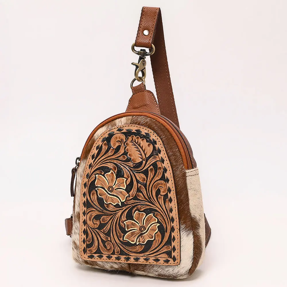 American Darling Hand Tooled Floral Carved Vegetable-Tanned Genuine Leather Sling Bag With Hair-On Cowhide & Ykk Zipper 1