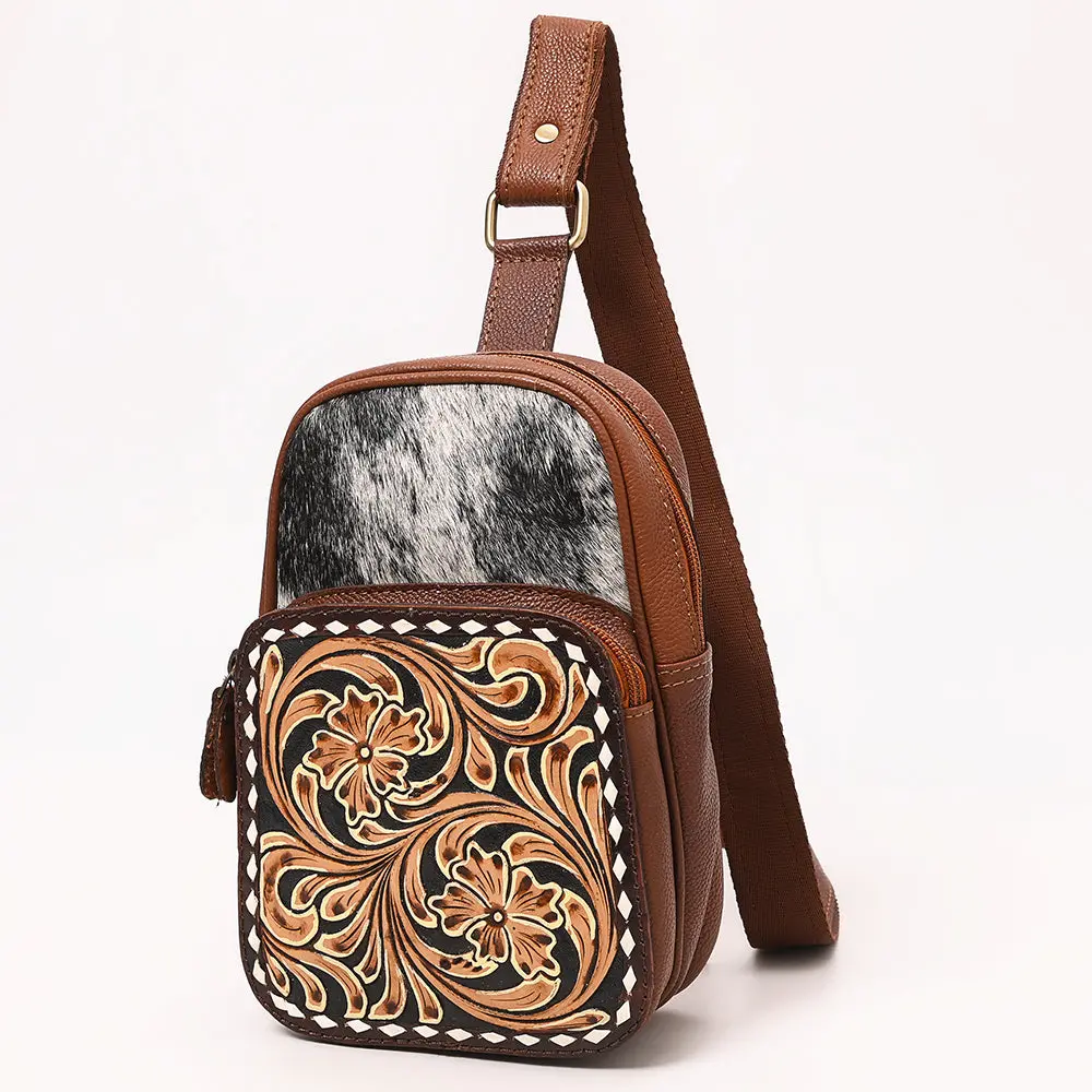 American Darling Hand Tooled Floral Carved Vegetable-Tanned Genuine Leather Sling Bag With Hair-On Cowhide & Ykk Zipper 1
