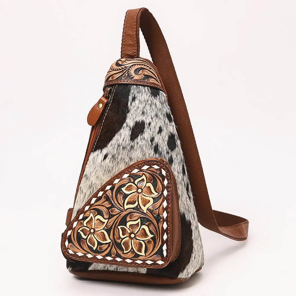 American Darling Hand Tooled Floral Carved Vegetable-Tanned Genuine Leather Sling Bag With Hair-On Cowhide & Ykk Zipper 1