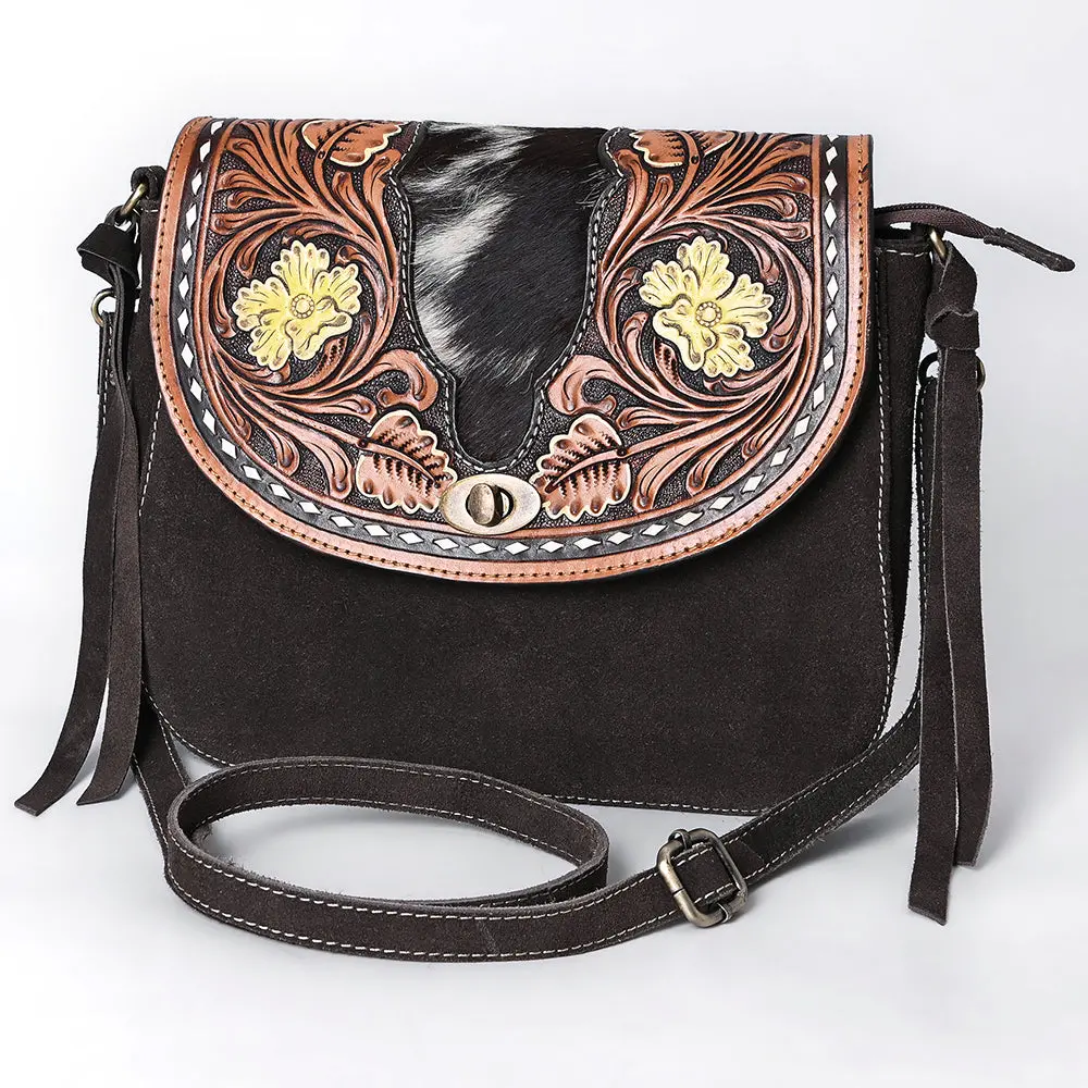 American Darling Hand Tooled Floral Carved Hair-On Cowhide Cross Body Bag Genuine Vegetable-Tanned Leather Fringed Purse 1