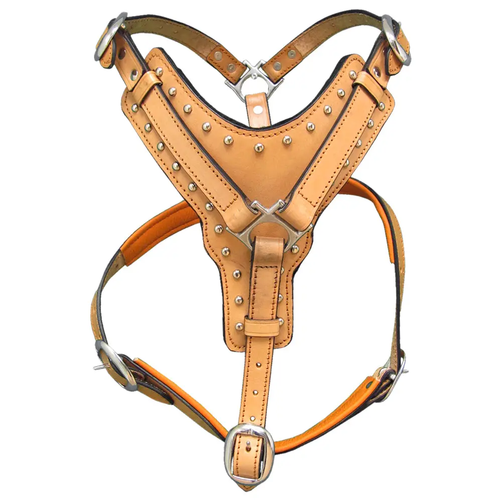 L M Hilason Western Padded Dog Harness Genuine Leather Stainless Steel Tan 1