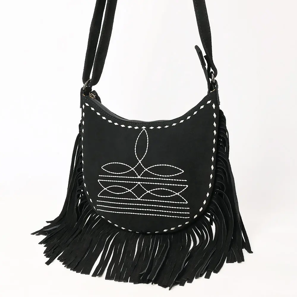 American Darling Black Genuine Suede Crossbody Bag – Western Boot Stitch Design, Fringe Detailing, Genuine Leather, Lightweight Everyday Carry 1