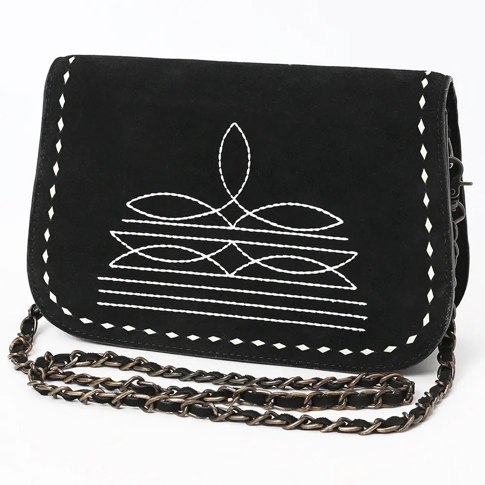 American Darling Black Genuine Suede Western Leather Crossbody Bag With Buck Stitch, Boot-Stitched Pattern, Chain Strap & Full-Grain Interior Lining 1