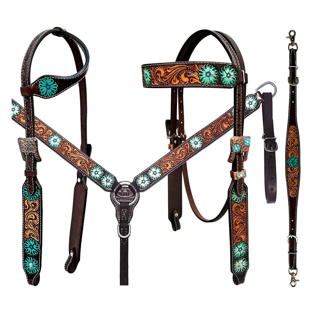 Bar H Equine Genuine Western American Leather Horse Premium Headstall & Breast Collar Set 1
