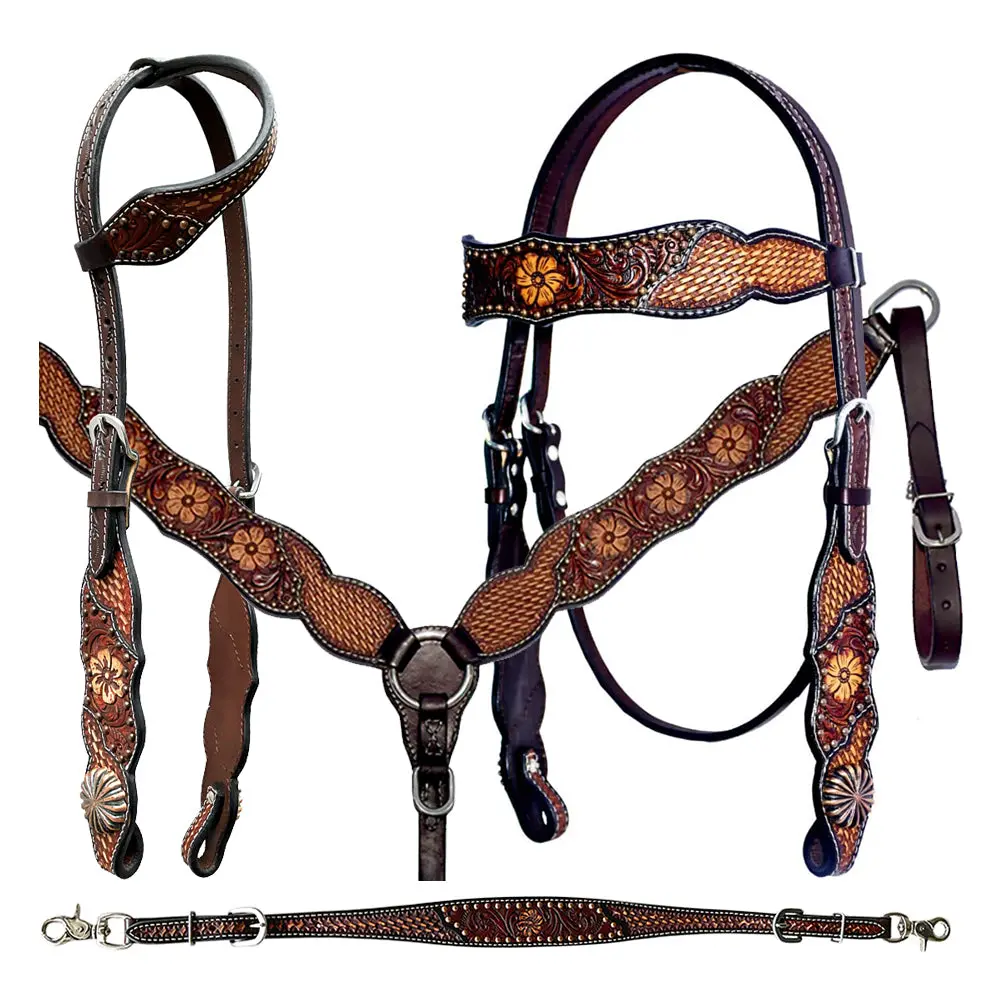 Bar H Equine Genuine Western American Leather Horse Premium Headstall & Breast Collar Set 1