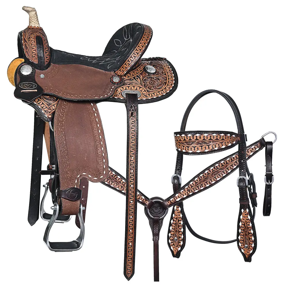 Comfytack Western Horse Barrel Racing Trail Pleasure American Leather Saddle With Tack Set Brown 1