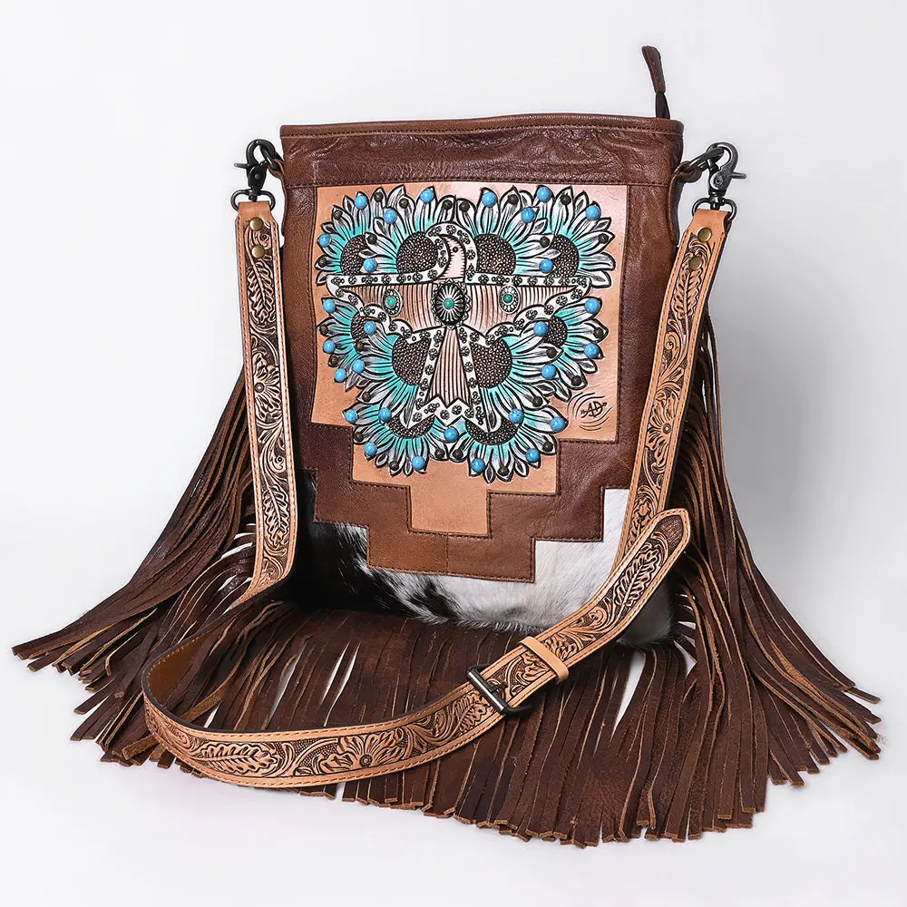 American Darling Hand-Tooled Leather Messenger Bag With Western Carving, Hair-On, Fringes, Rivet Embossing, Genuine Leather Build & Well-Compartmentalized Interior 1