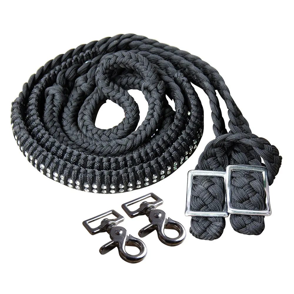 1" X 8Ft Hilason Braided Poly Horse Barrel Reins Flat Grip Knots Crystal W/ Snaps 1