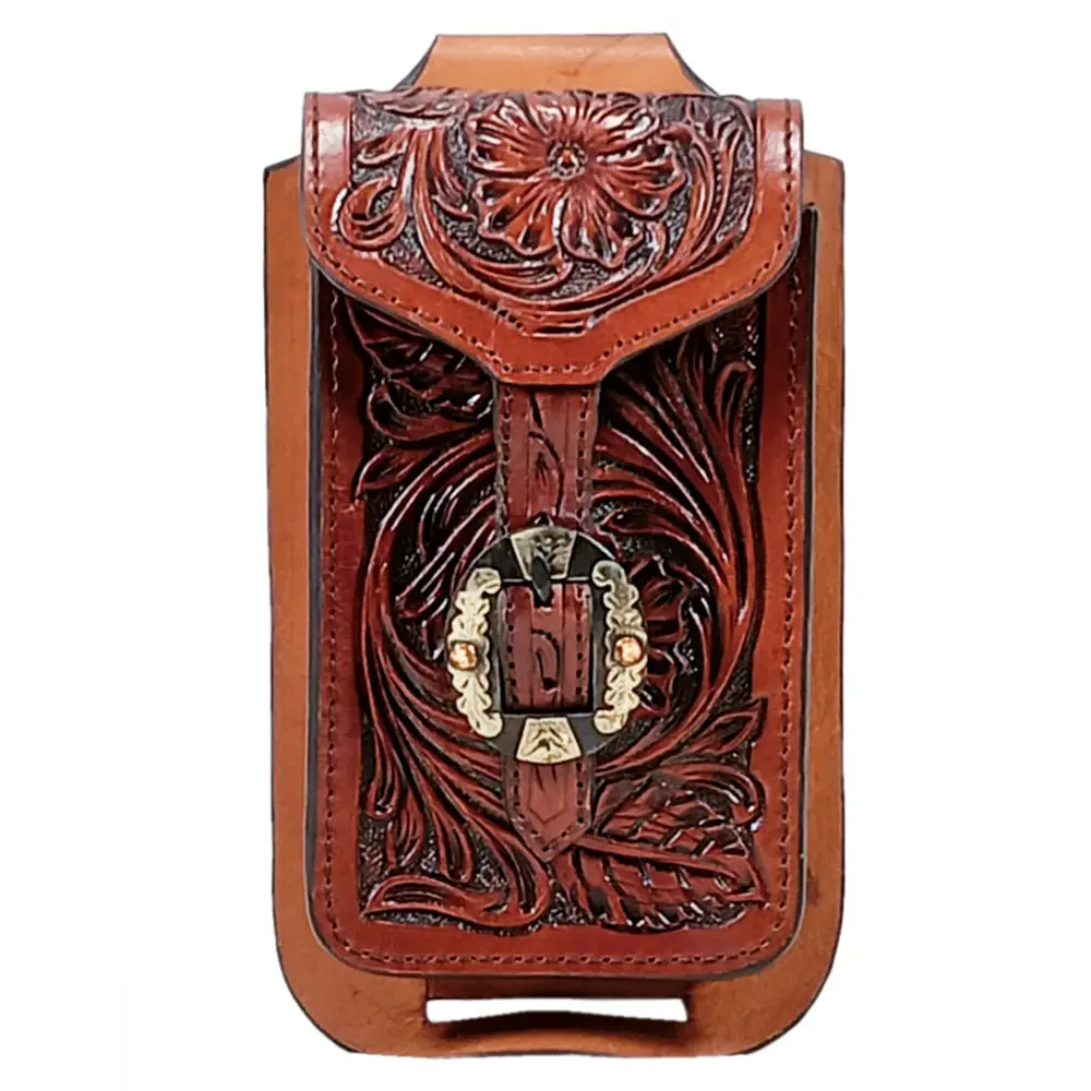 Hilason Western Horse Genuine Leather Cell Phone Case Brown With Gorgeous Floral Hand Carved 1