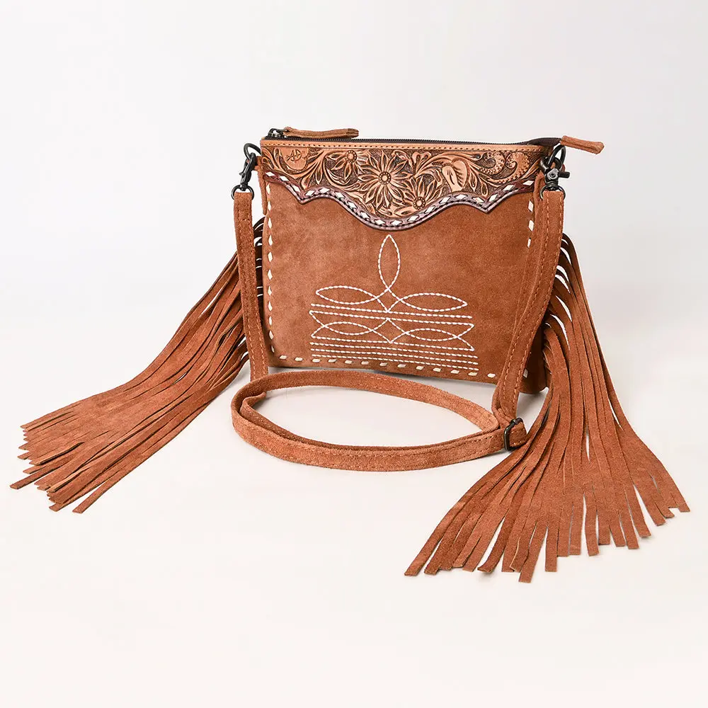 American Darling Western Leather Cross Body Bag – Hand-Tooled Accents, Fringes, Premium Genuine Suede Leather, Compact Everyday Boho Western Purse 1