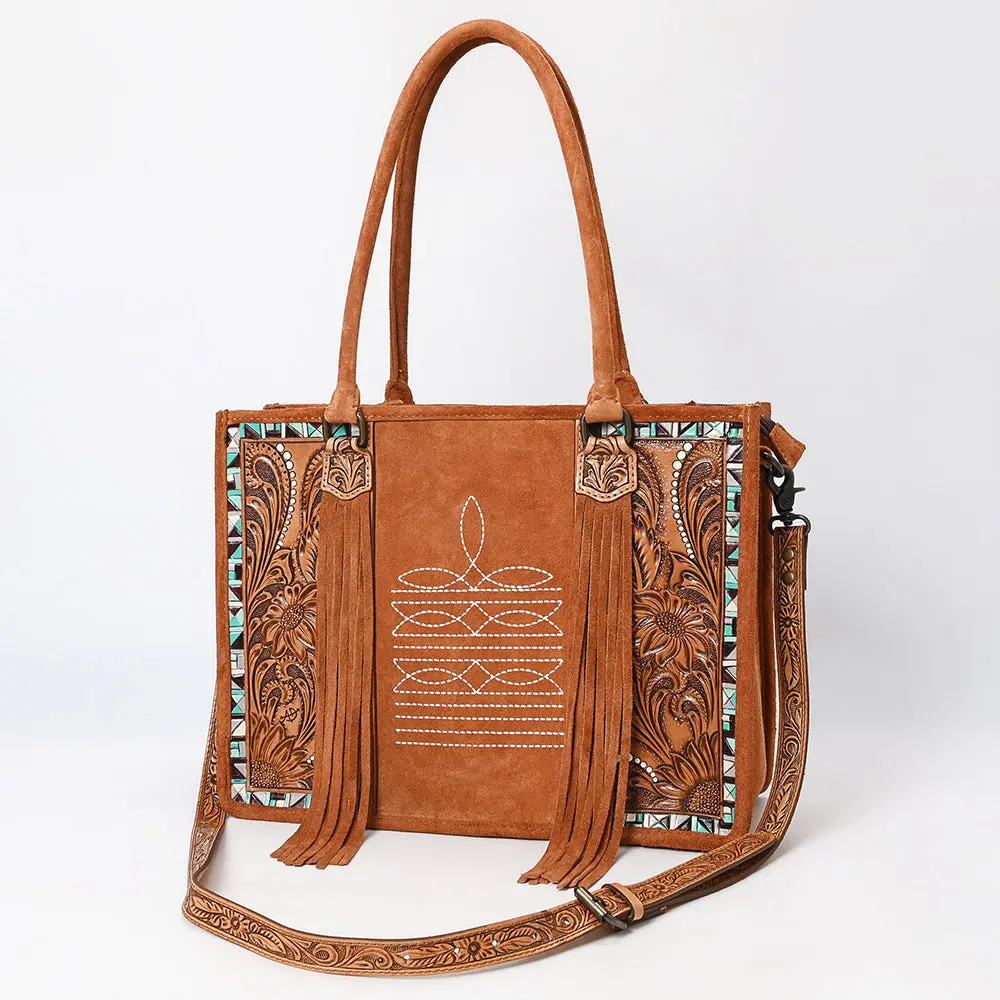 American Darling Western Leather Tote Bag – Genuine Tooled Panels, Fringe Accents, Spacious Design, Premium Craftsmanship 2