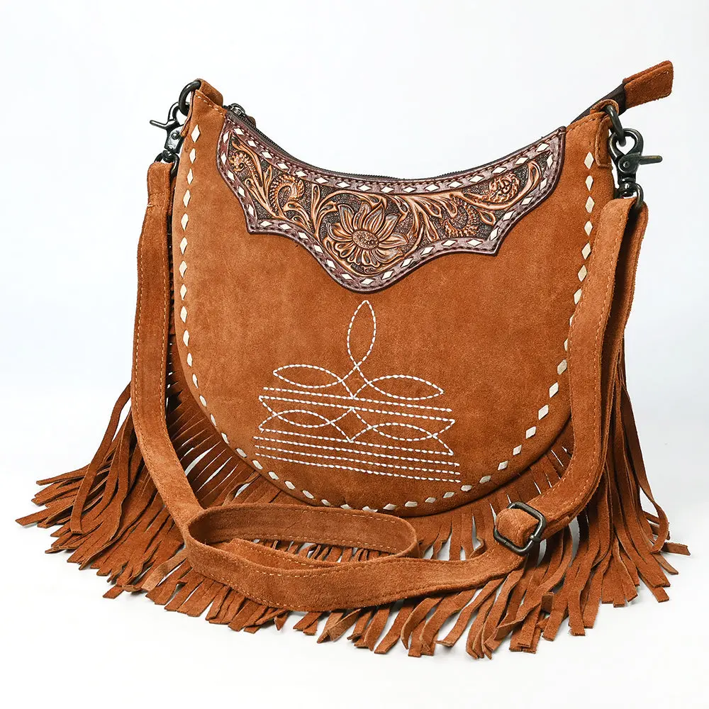 Western Leather Large Crossbody Bag With Fringe, Hand-Tooled Floral Accents, Genuine Suede Body, Buck Stitching & Adjustable Strap By American Darling 1