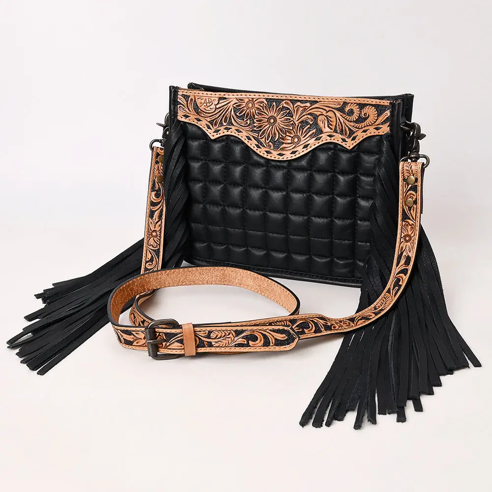 American Darling Black Genuine Leather Crossbody Bag With Hand-Tooled Panel, Fringe Accents, Durable Strap & Ykk Zipper 1