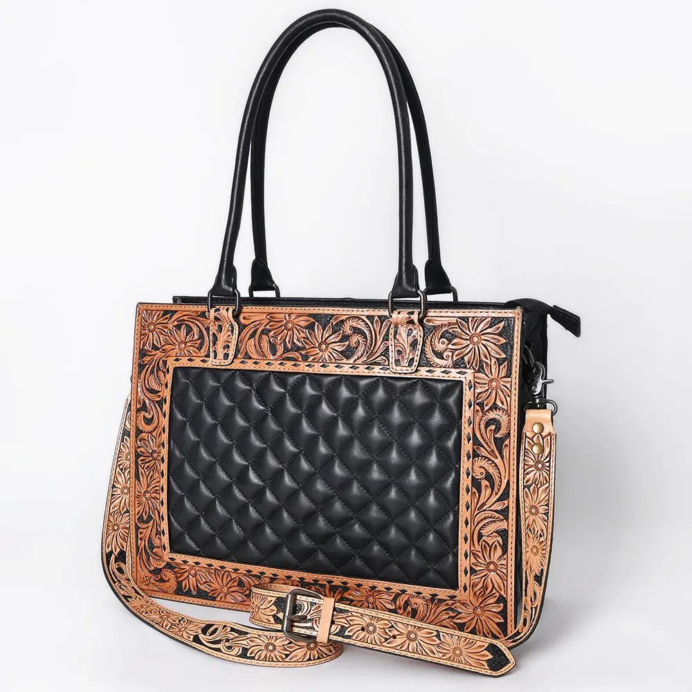 American Darling Genuine Leather Hand-Tooled Floral Quilted Tote Bag Shoulder Purse With Ykk Zipper - 12In X 16In 1