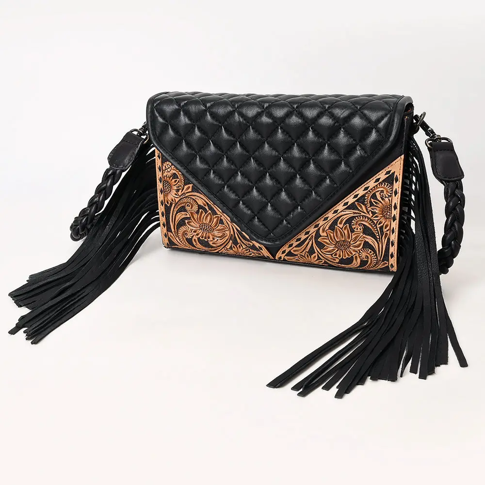 American Darling Hand-Tooled Floral Wallet Bag For Women - Genuine Leather With Fringe, Quilted & Buck Stitched Design 1