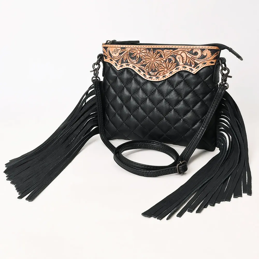 American Darling Western Black Cross Body Bag Handcrafted From Quilted & Tooled Genuine Leather | Full Fringe Accent, Flap Closure & Ykk Zipper 1