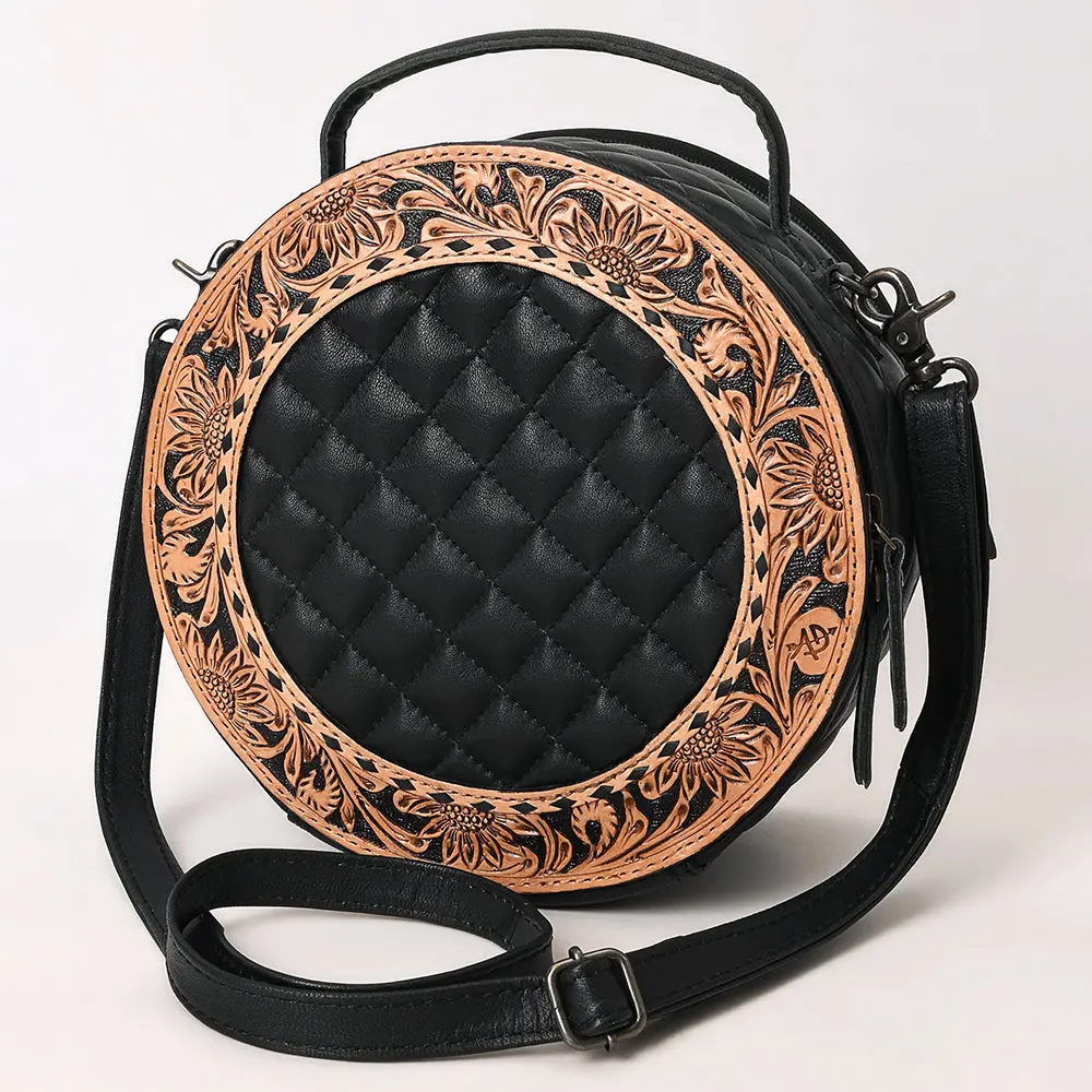American Darling Black Western Round Canteen Bag Handcrafted From Quilted & Hand-Tooled Genuine Leather | Floral Carved Frame, Buckstitch & Ykk Zipper 1