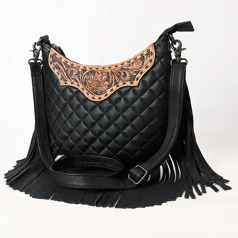 American Darling Large Western Cross Body Hobo Bag Handcrafted From Quilted & Hand-Tooled Genuine Leather | Full Fringe, Buckstitch & Ykk Zipper 1