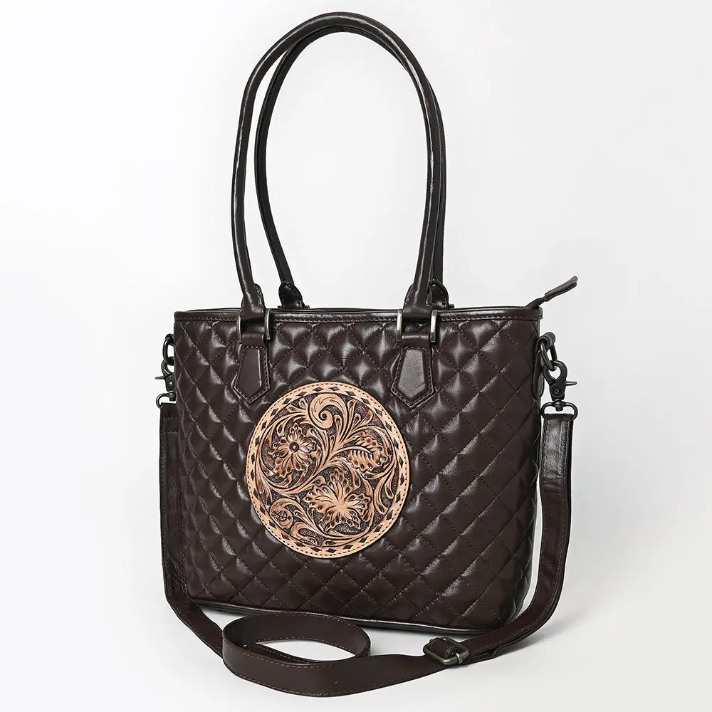 American Darling Western Tote Bag Handcrafted From Quilted & Hand-Tooled Genuine Leather | Floral Carved Accent, Buckstitch & Ykk Zipper 1