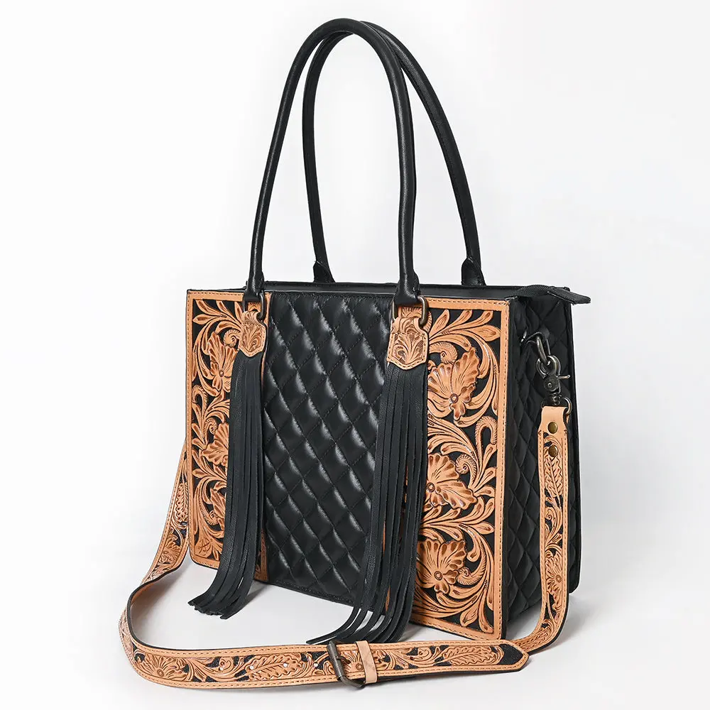 American Darling Western Tote Bag Handcrafted From Hand-Tooled Quilted Genuine Leather | Full Fringe & Ykk Zipper 1