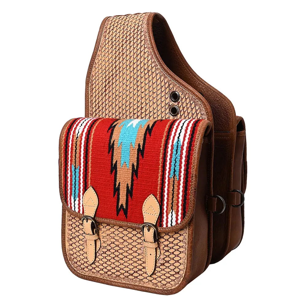 Hilason Soft Leather Horse Saddle Bag Brown & Red | Equestrian Western Adjustable Closure 1