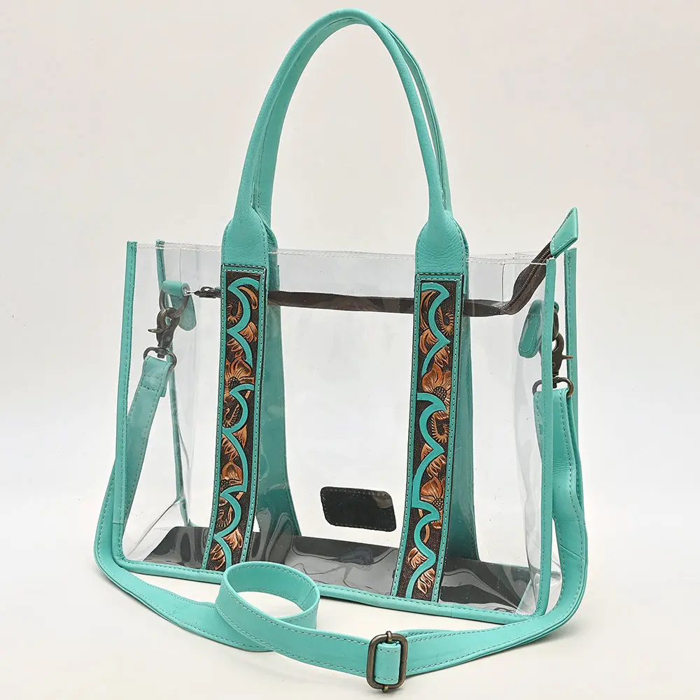 American Darling Clear Stadium Tote Bag With Hand Tooled Genuine Leather Trim | Floral Carved Straps & Top Ykk Zipper Closure 1