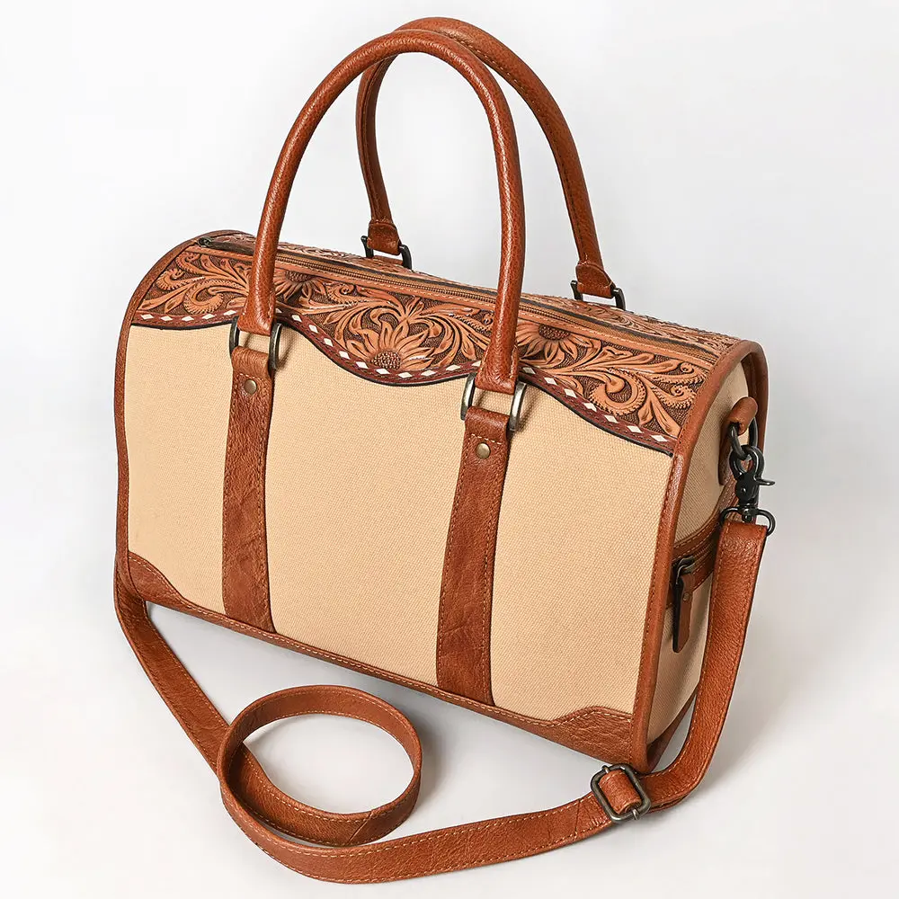American Darling Western Duffel Bag Handcrafted From Genuine Leather & Canvas | Floral Tooled Trim, Buckstitch Detail & Ykk Zipper 1