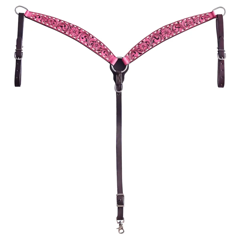 Hilason Horse Floral Hand Carved American Leather Breast Collar Headstall Pink 2
