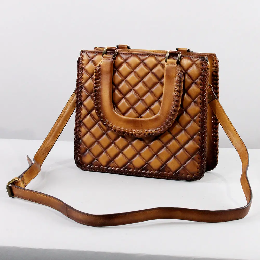 American Darling Western Hand-Tooled Quilted Leather Crossbody Bag Burnished Tan 1