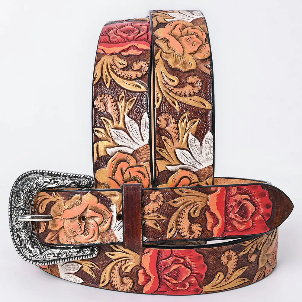 American Darling Floral Hand Carved Painted Belt Buckle Genuine Leather Covered Stylish Brown | Western 1