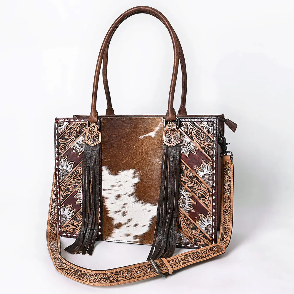 American Darling Western Tote Bag Handcrafted From Hair-On Cowhide & Genuine Leather | Fringe, Hand-Tooled Accents & Ykk Zipper 1