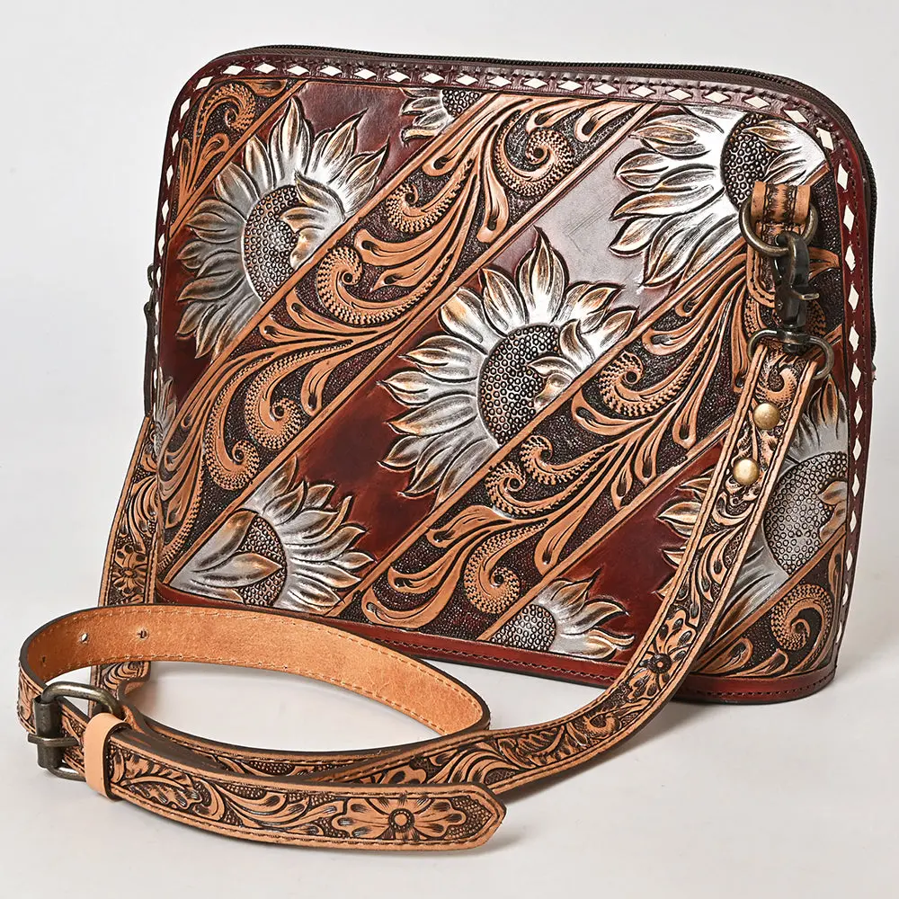 American Darling Western Cross Body Bag Handcrafted From Hand Tooled Genuine Leather | Sunflower Design, Buckstitch Trim & Ykk Zipper 1