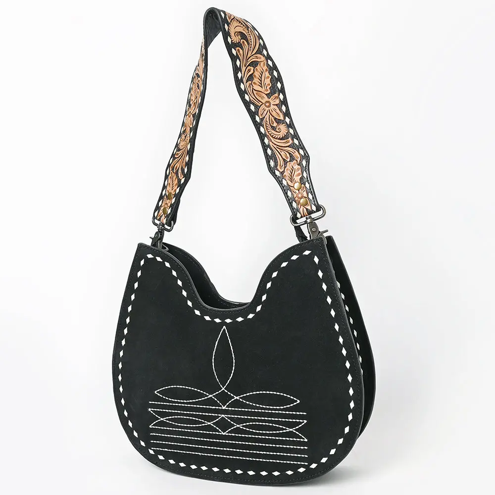American Darling Western Hobo Bag Handcrafted From Black Genuine Suede Leather | Boot Stitched Front, Hand-Tooled Floral Strap & Ykk Zipper 1