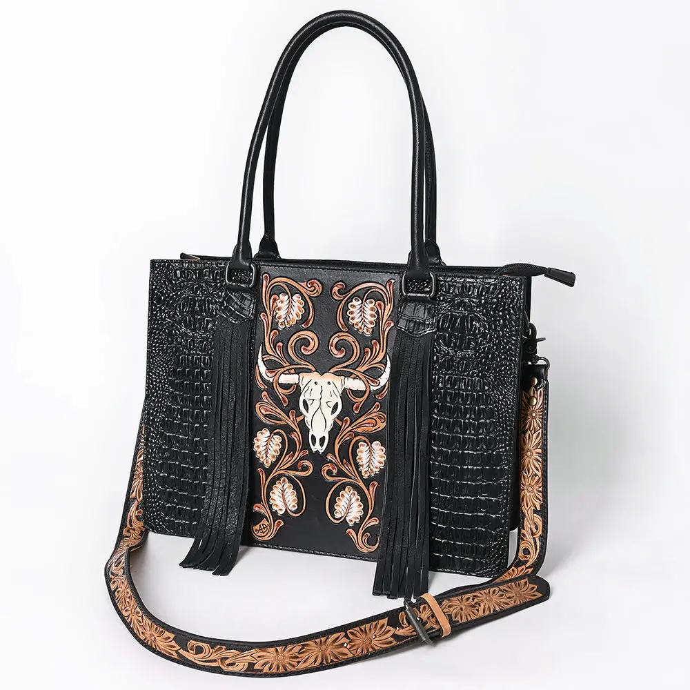 American Darling Western Tote Bag For Women, Hand Tooled Floral Carved & Crocodile Embossed Leather, Longhorn Motif With Fringe 1