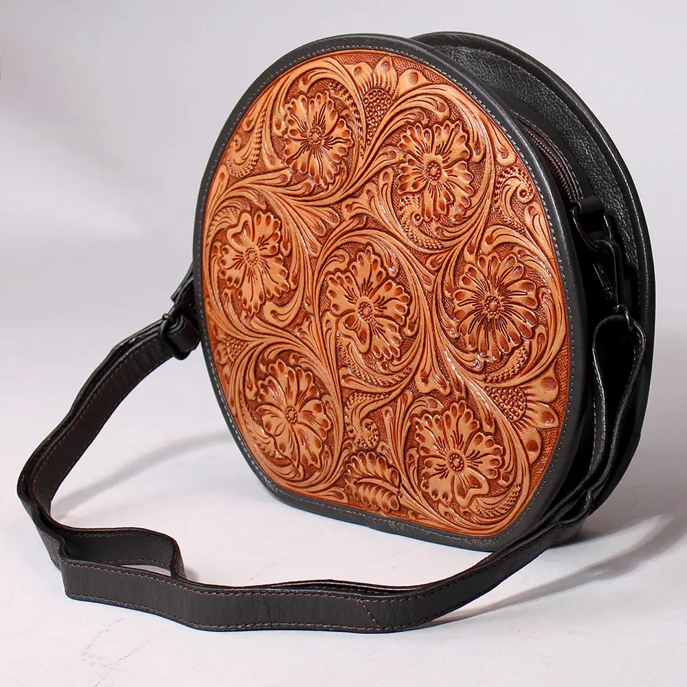 Spaghetti Western Genuine Leather Floral Tooled Round Crossbody Bag Tan & Black 1