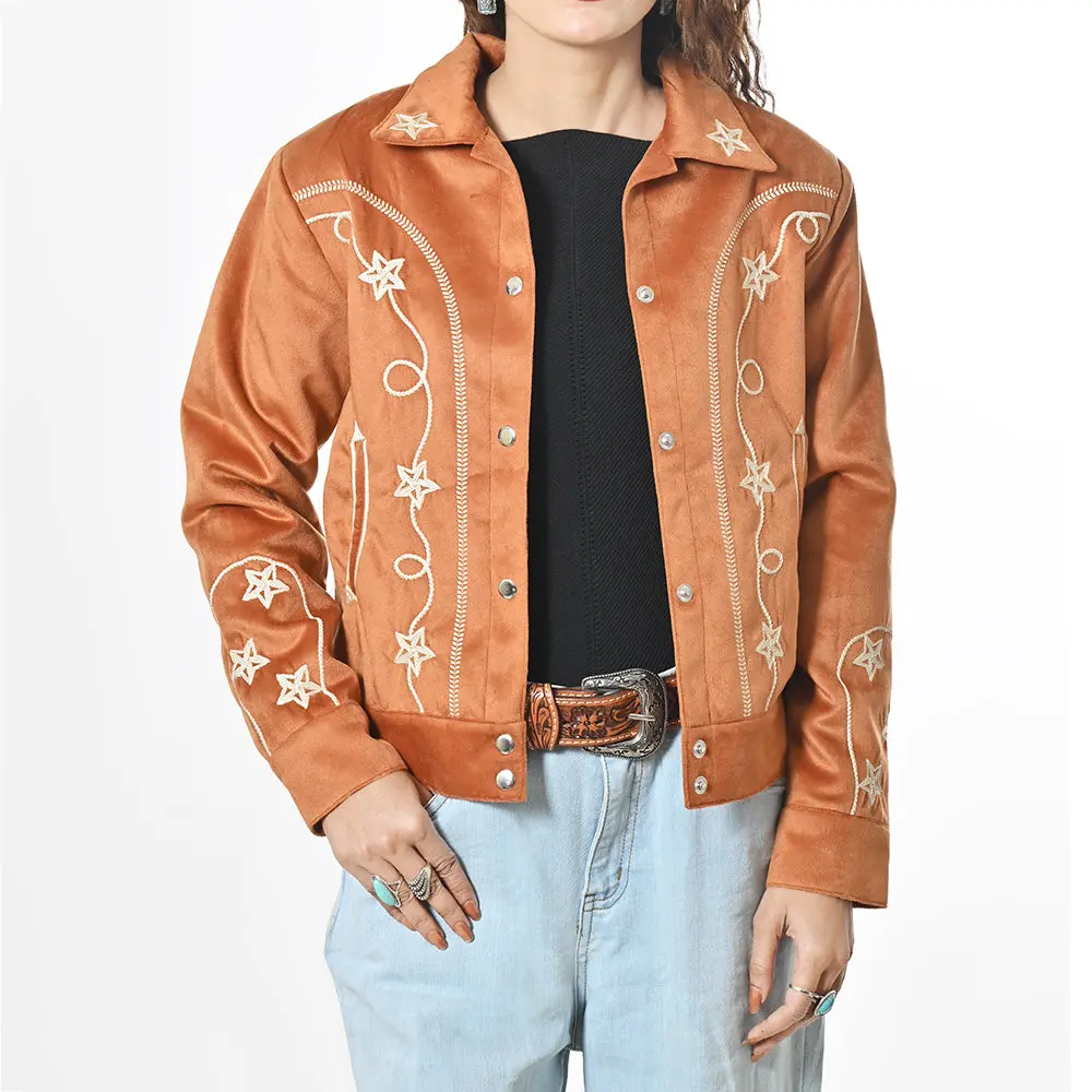 American Darling Women’S Western Suede Jacket Tan Embroidered Star Jean Vintage Cowgirl Blazer With Southwestern Stitching 1