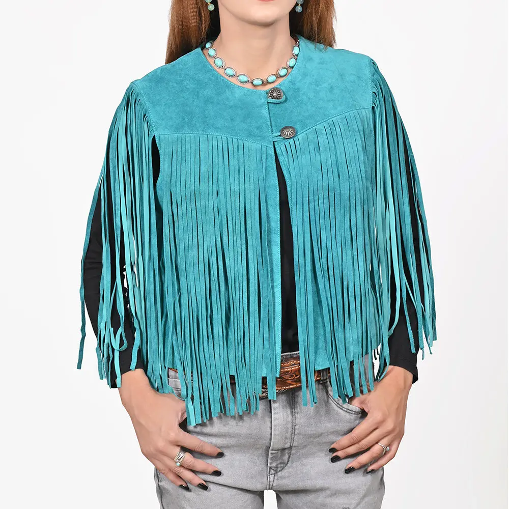 American Darling Women's Premium Turquoise Genuine Suede Leather Fringe Vest | Western Boho Statement Jacket 1